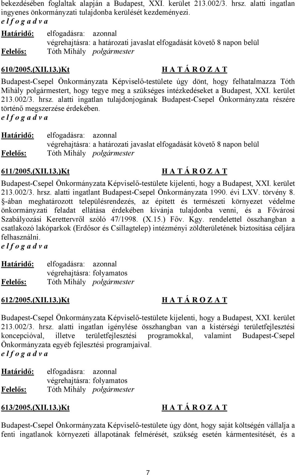 )Kt Budapest-Csepel Önkormányzata Képviselő-testülete úgy dönt, hogy felhatalmazza Tóth Mihály polgármestert, hogy tegye meg a szükséges intézkedéseket a Budapest, XXI. kerület 213.002/3. hrsz.