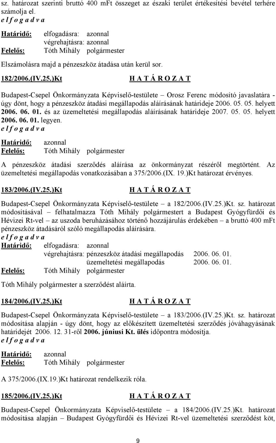 és az üzemeltetési megállapodás aláírásának határideje 2007. 05. 05. helyett 2006. 06. 01. legyen.