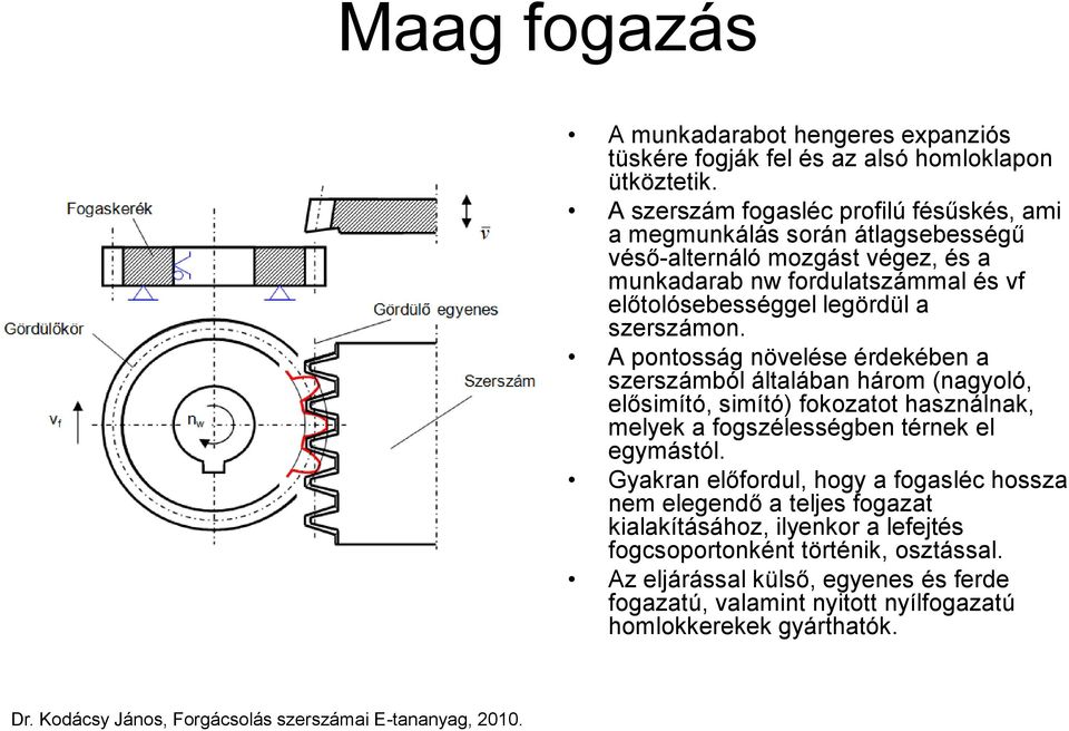 A pontosság növelése érdekében a szerszámból általában három (nagyoló, elősimító, simító) fokozatot használnak, melyek a fogszélességben térnek el egymástól.