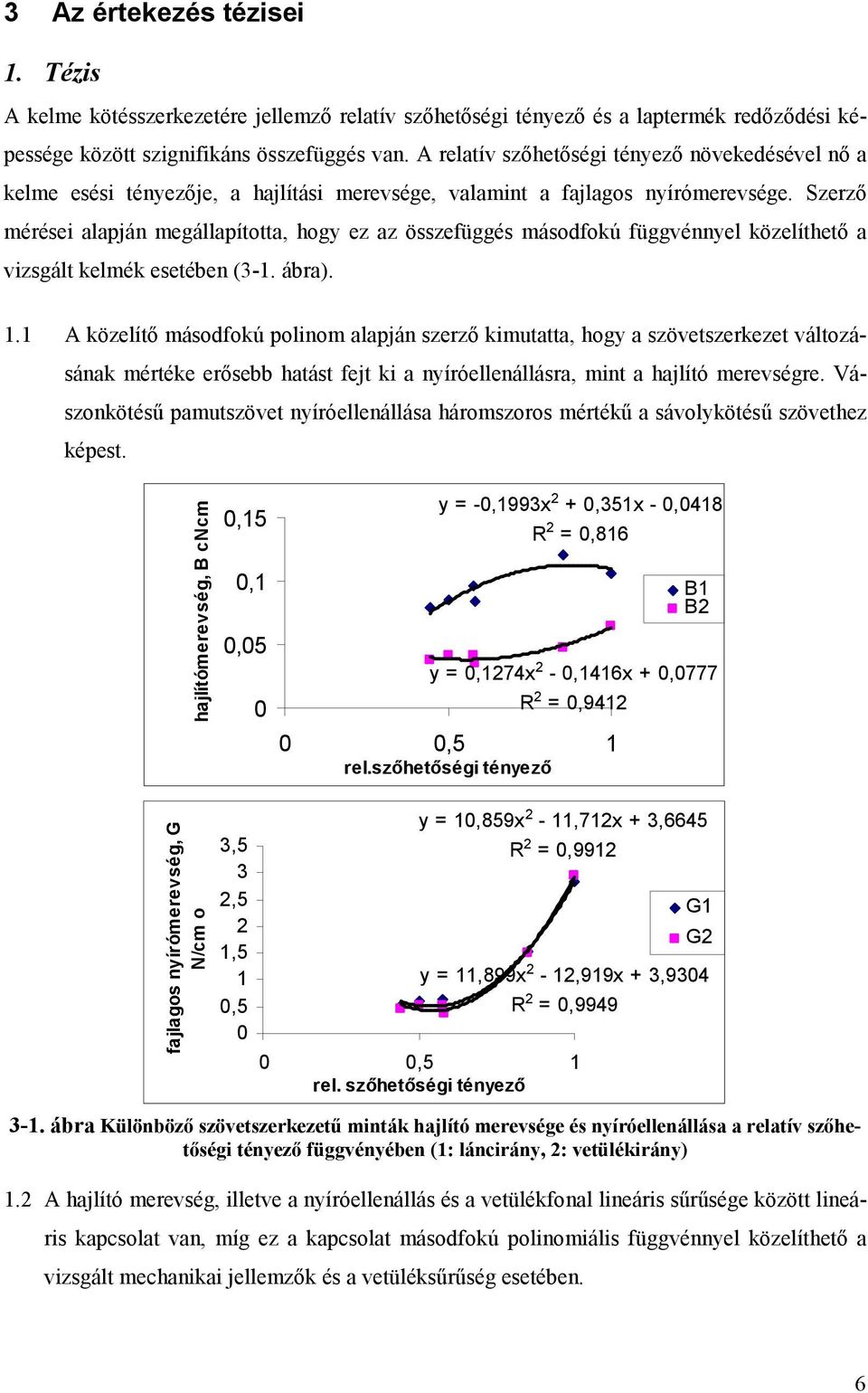 Szerzı mérései alapján megállapította, hogy ez az összefüggés másodfokú függvénnyel közelíthetı a vizsgált kelmék esetében (3-1. ábra). 1.