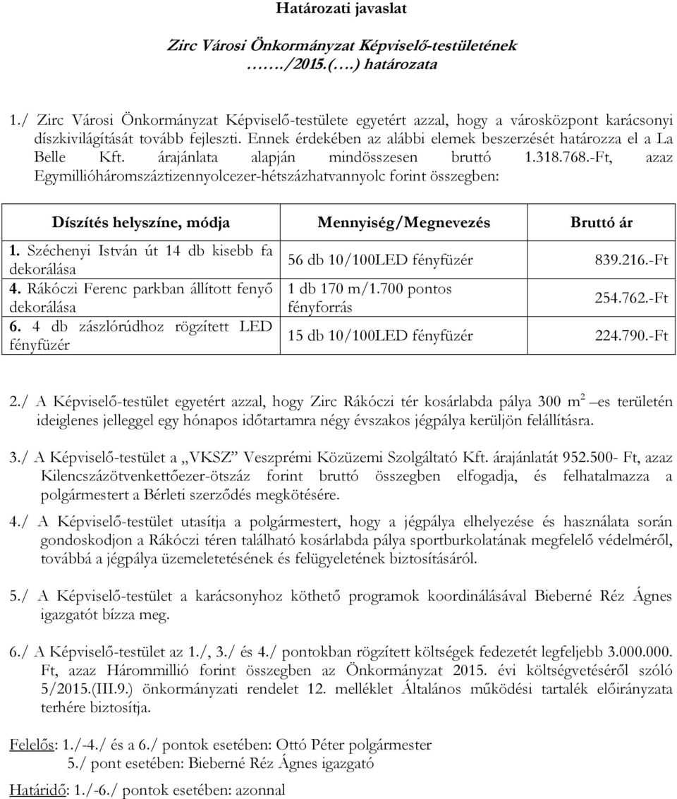 Ennek érdekében az alábbi elemek beszerzését határozza el a La Belle Kft. árajánlata alapján mindösszesen bruttó 1.318.768.