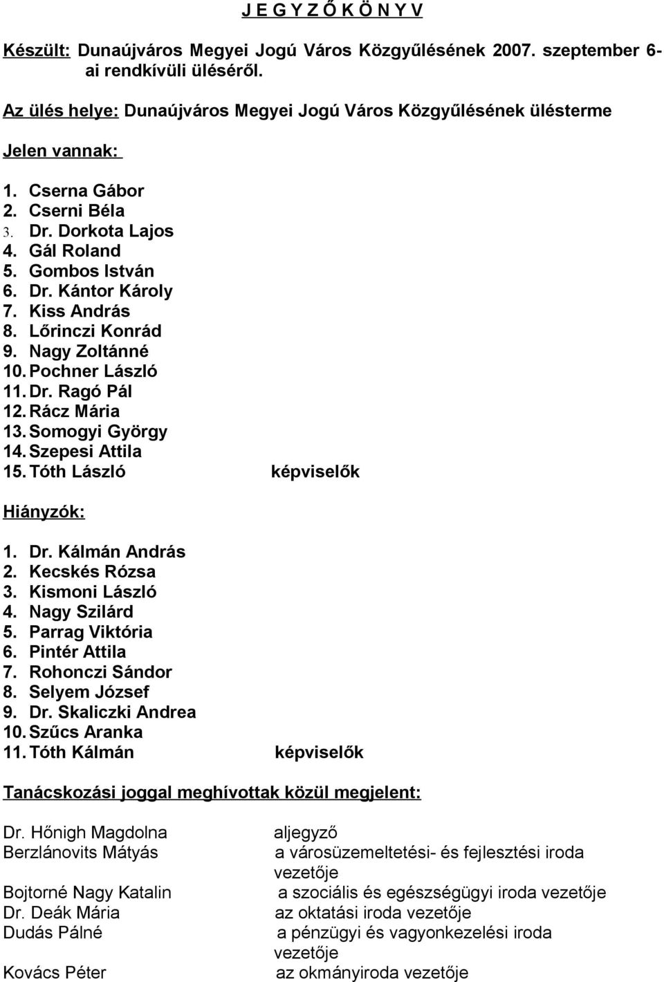 Kiss András 8. Lőrinczi Konrád 9. Nagy Zoltánné 10. Pochner László 11.Dr. Ragó Pál 12. Rácz Mária 13. Somogyi György 14. Szepesi Attila 15. Tóth László képviselők Hiányzók: 1. Dr. Kálmán András 2.