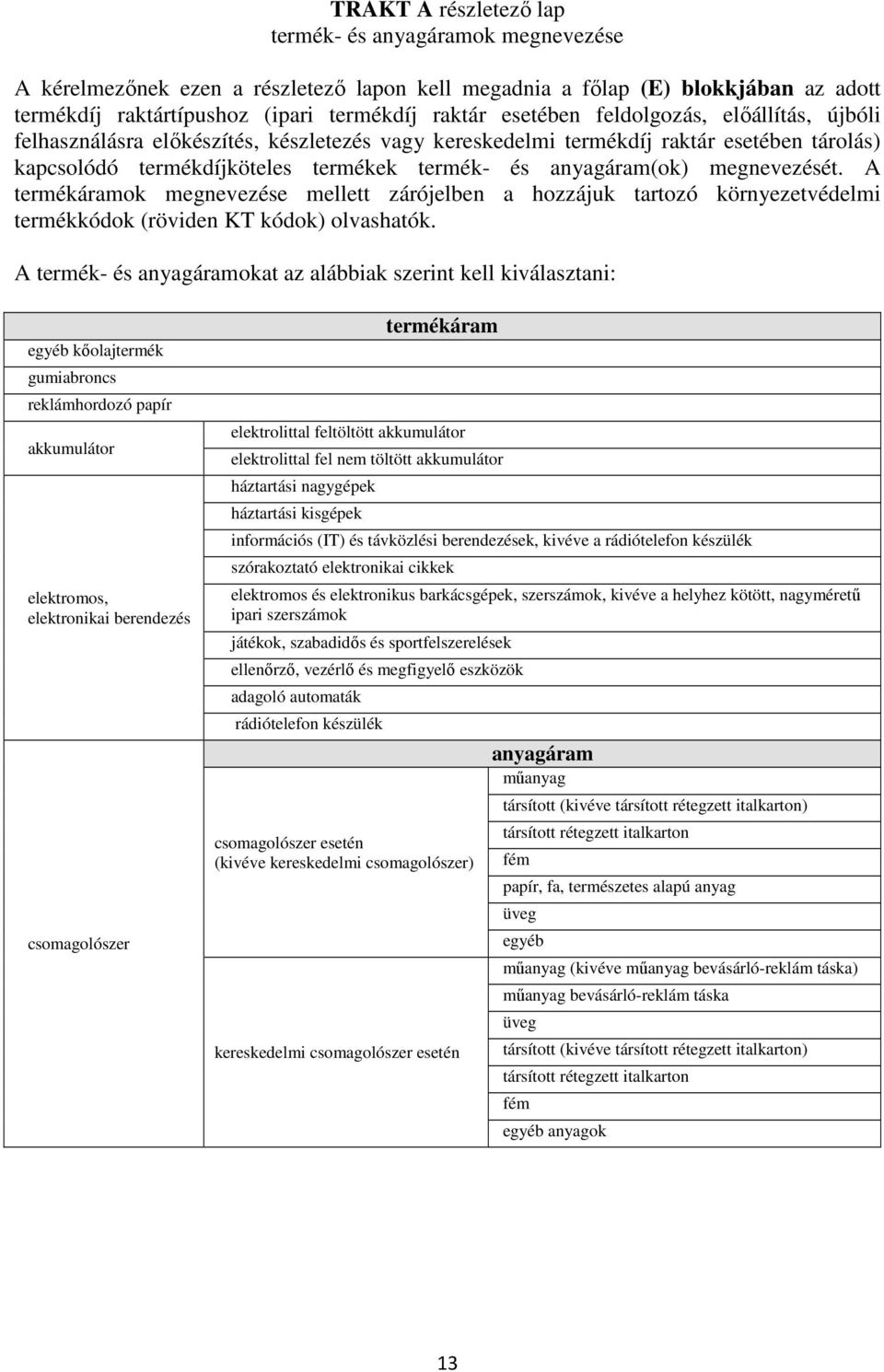 megnevezését. A termékáramok megnevezése mellett zárójelben a hozzájuk tartozó környezetvédelmi termékkódok (röviden KT kódok) olvashatók.