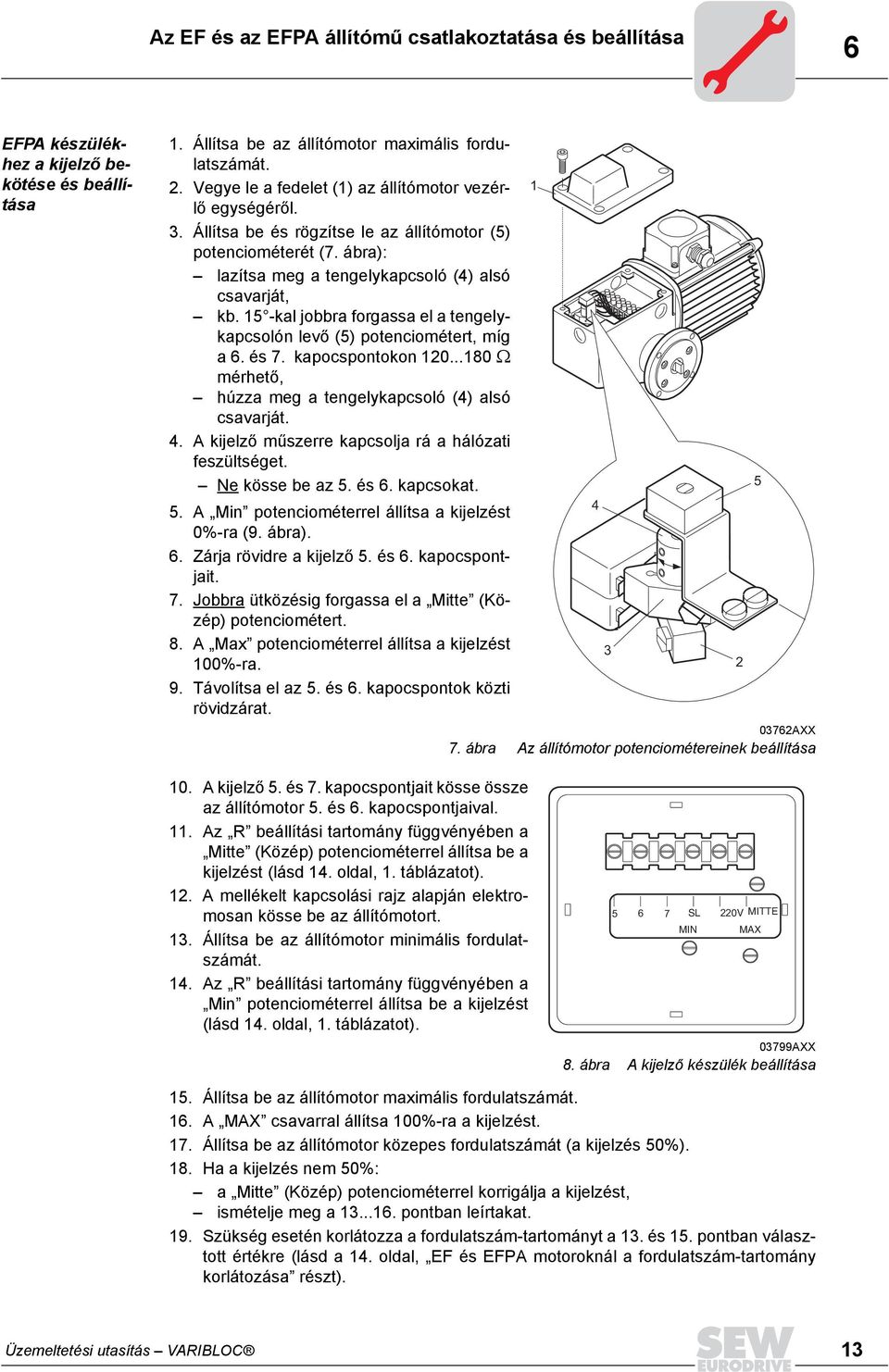 15 -kal jobbra forgassa el a tengelykapcsolón levő (5) potenciométert, míg a 6. és 7. kapocspontokon 120...180 Ω mérhető, húzza meg a tengelykapcsoló (4) alsó csavarját. 4.