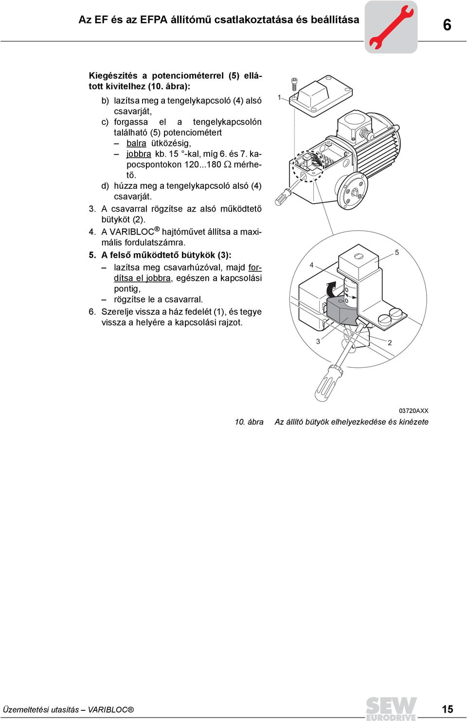 ..180 Ω mérhető. d) húzza meg a tengelykapcsoló alsó (4) csavarját. 3. A csavarral rögzítse az alsó működtető bütyköt (2). 4. A VARIBLOC hajtóművet állítsa a maximális fordulatszámra. 5.