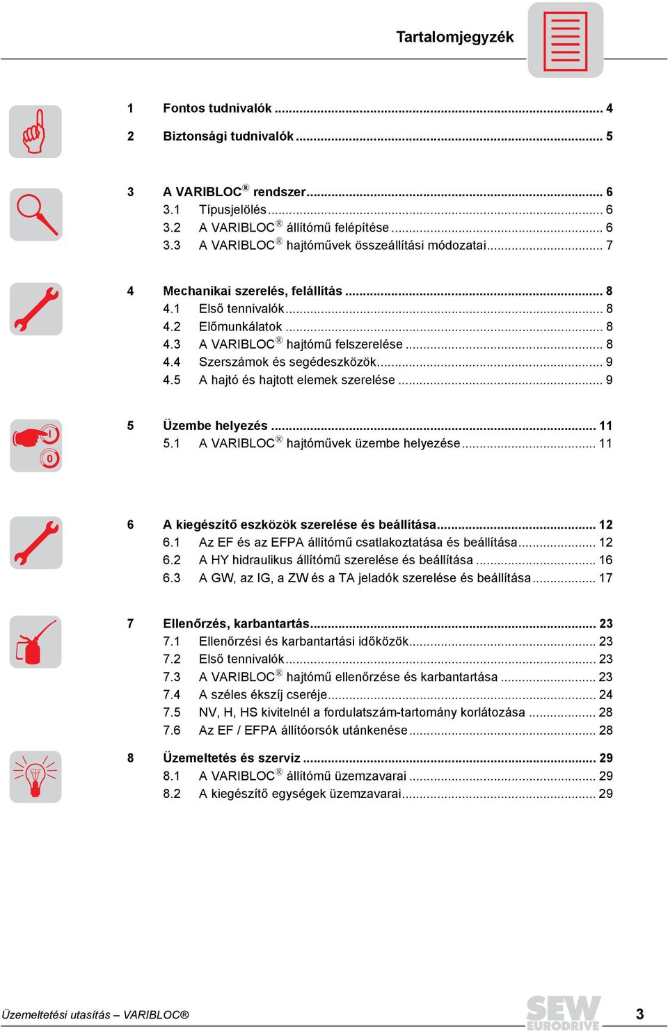 5 A hajtó és hajtott elemek szerelése... 9 I 0 5 Üzembe helyezés... 11 5.1 A VARIBLOC hajtóművek üzembe helyezése... 11 6 A kiegészítő eszközök szerelése és beállítása... 12 6.