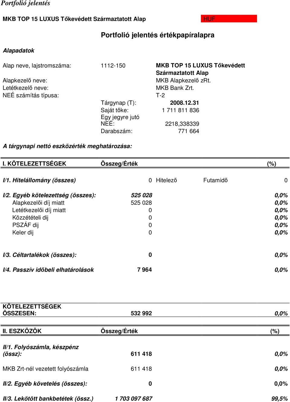 31 Saját tıke: 1 711 811 836 Egy jegyre jutó NEÉ: 2218,338339 Darabszám: 771 664 A tárgynapi nettó eszközérték meghatározása: I. KÖTELEZETTSÉGEK Összeg/Érték (%) I/1.