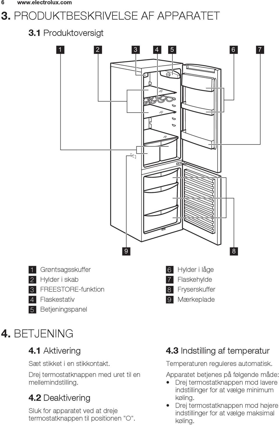 Fryserskuffer 9 Mærkeplade 4. BETJENING 4.1 Aktivering Sæt stikket i en stikkontakt. Drej termostatknappen med uret til en mellemindstilling. 4.2 Deaktivering Sluk for apparatet ved at dreje termostatknappen til positionen "O".