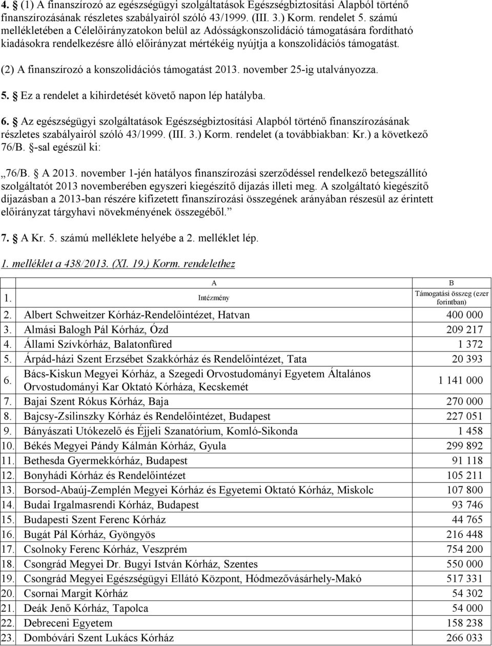 (2) A finanszírozó a konszolidációs támogatást 2013. november 25-ig utalványozza. 5. Ez a rendelet a kihirdetését követő napon lép hatályba. 6.