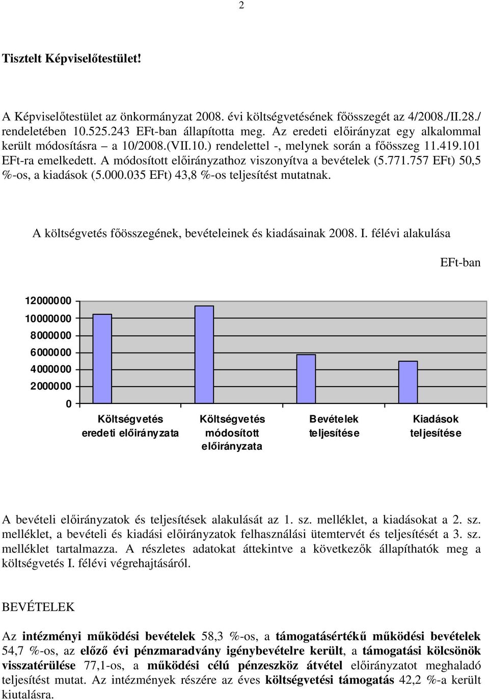 757 EFt) 50,5 %-os, a kiadások (5.000.035 EFt) 43,8 %-os teljesítést mutatnak. A költségvetés fıösszegének, bevételeinek és kiadásainak 2008. I.