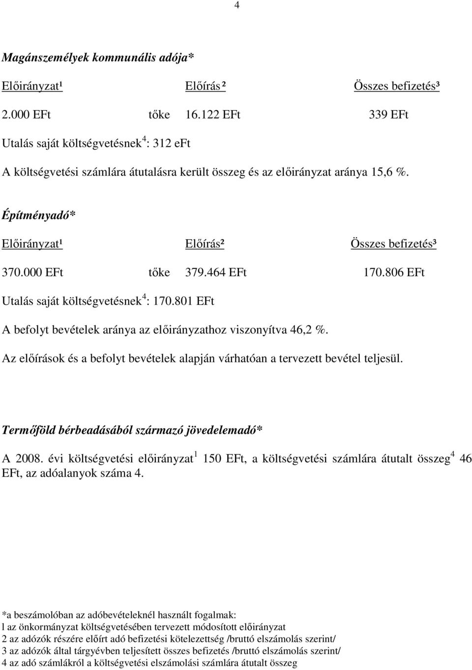 000 EFt tıke 379.464 EFt 170.806 EFt Utalás saját költségvetésnek 4 : 170.801 EFt A befolyt bevételek aránya az hoz viszonyítva 46,2 %.