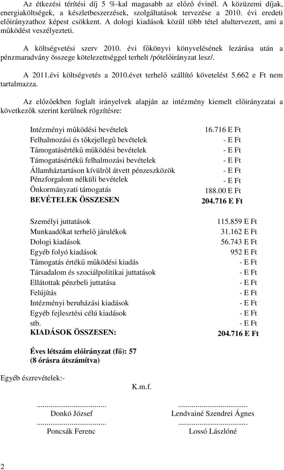 évi fıkönyvi könyvelésének lezárása után a pénzmaradvány összege kötelezettséggel terhelt /pótelıirányzat lesz/. A 2011.évi költségvetés a 2010.évet terhelı szállító követelést 5.