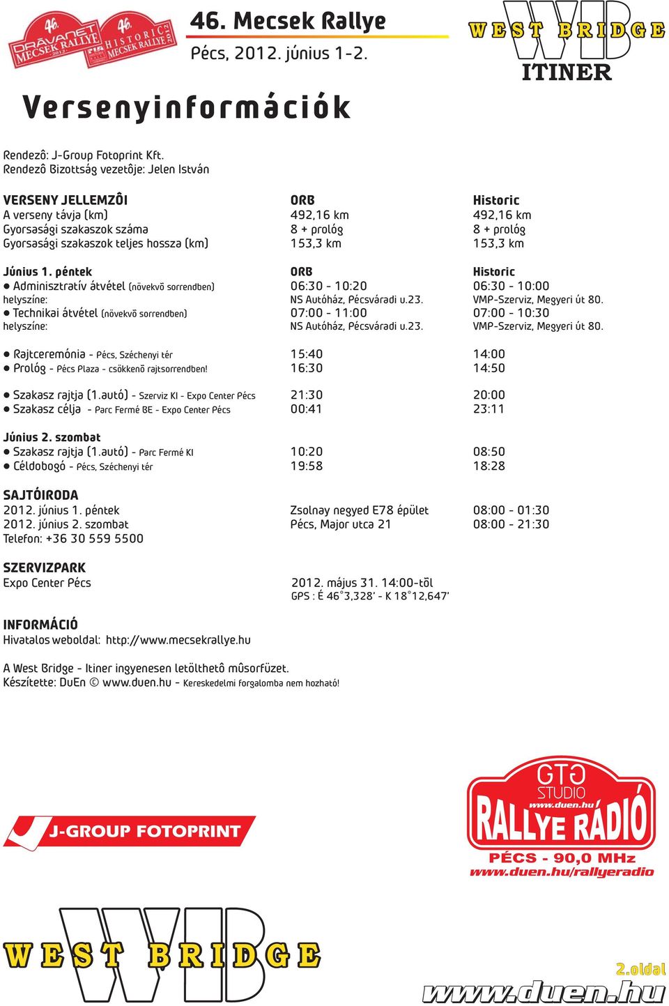 (km) 153,3 km 153,3 km Június 1. péntek ORB Historic Adminisztratív átvétel (növekvõ sorrendben) 06:30-10:20 06:30-10:00 helyszíne: NS Autóház, Pécsváradi u.23. VMP-Szerviz, Megyeri út 80.