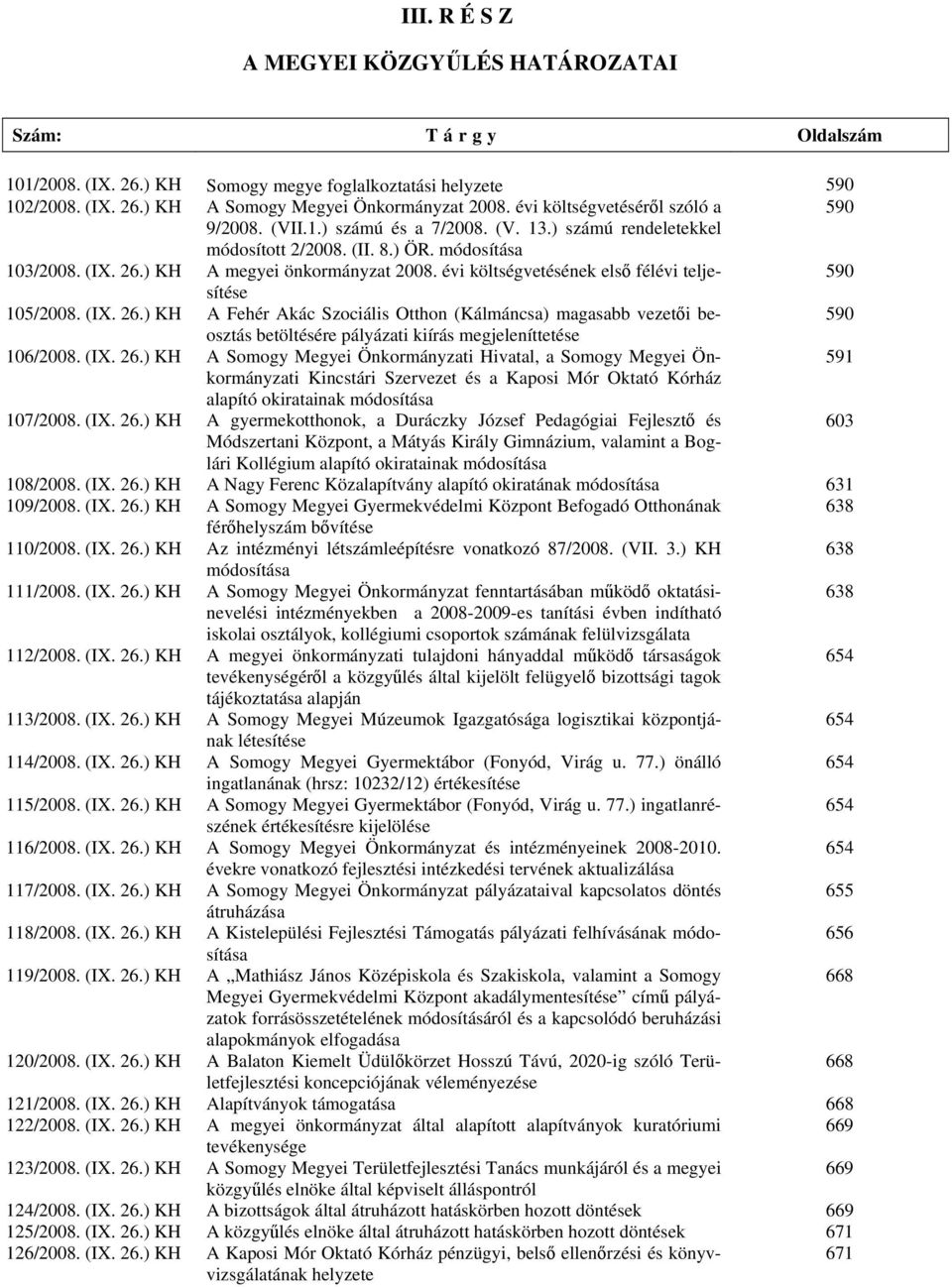 évi költségvetésének első félévi teljesítése 590 105/2008. (IX. 26.) KH A Fehér Akác Szociális Otthon (Kálmáncsa) magasabb vezetői beosztás 590 betöltésére pályázati kiírás megjeleníttetése 106/2008.