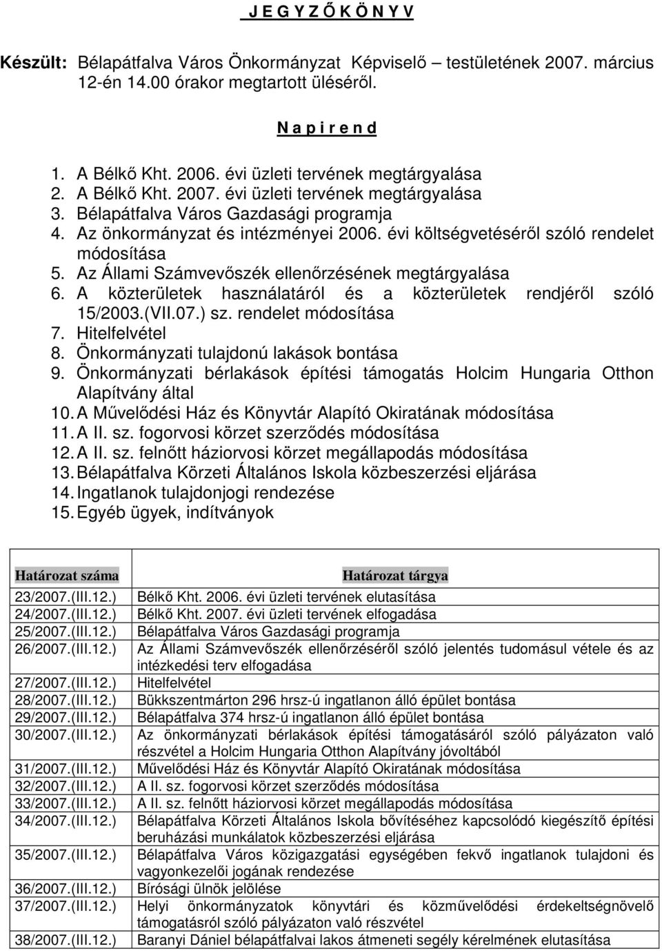 évi költségvetéséről szóló rendelet módosítása 5. Az Állami Számvevőszék ellenőrzésének megtárgyalása 6. A közterületek használatáról és a közterületek rendjéről szóló 15/2003.(VII.07.) sz.