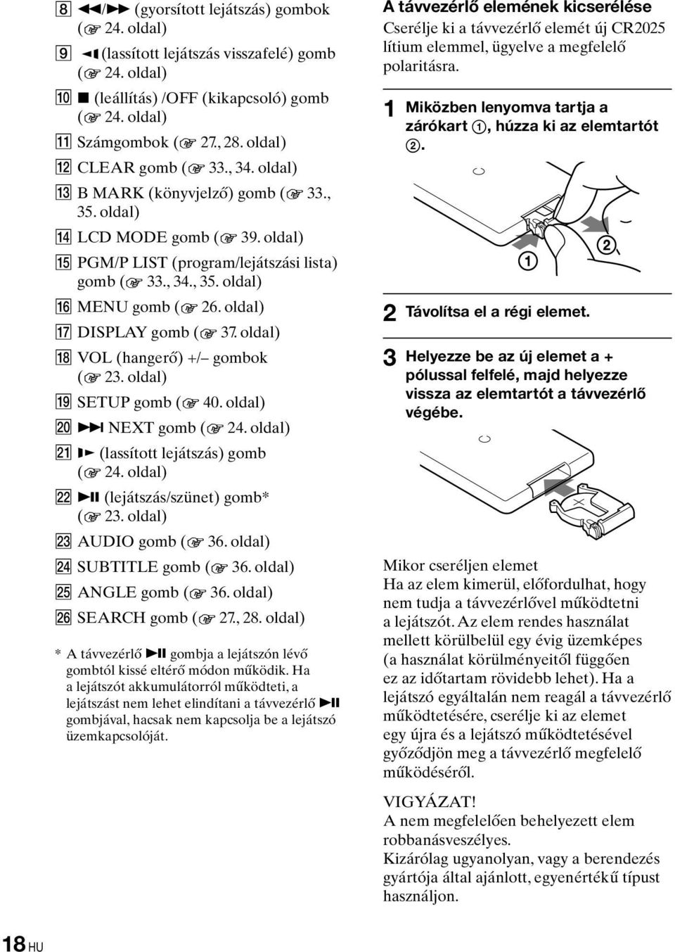 oldal) VOL (hangerő) +/ gombok ( 23. oldal) SETUP gomb ( 40. oldal) NEXT gomb ( 24. oldal) (lassított lejátszás) gomb ( 24. oldal) (lejátszás/szünet) gomb* ( 23. oldal) AUDIO gomb ( 36.