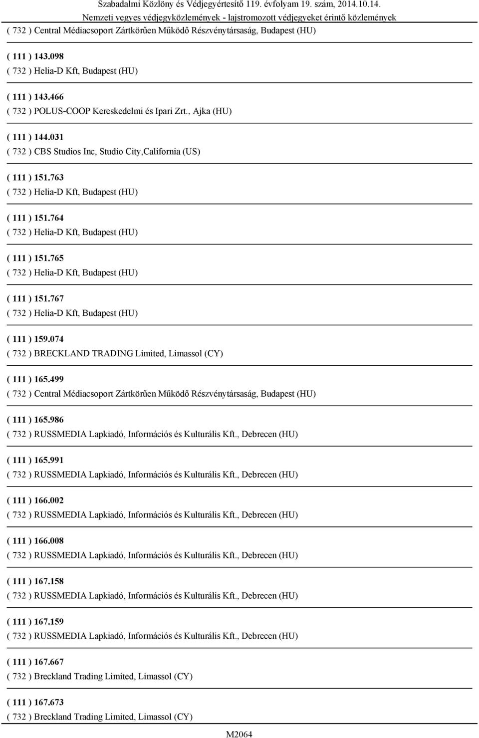 074 ( 732 ) BRECKLAND TRADING Limited, Limassol (CY) ( 111 ) 165.499 ( 111 ) 165.986 ( 111 ) 165.991 ( 111 ) 166.002 ( 111 ) 166.
