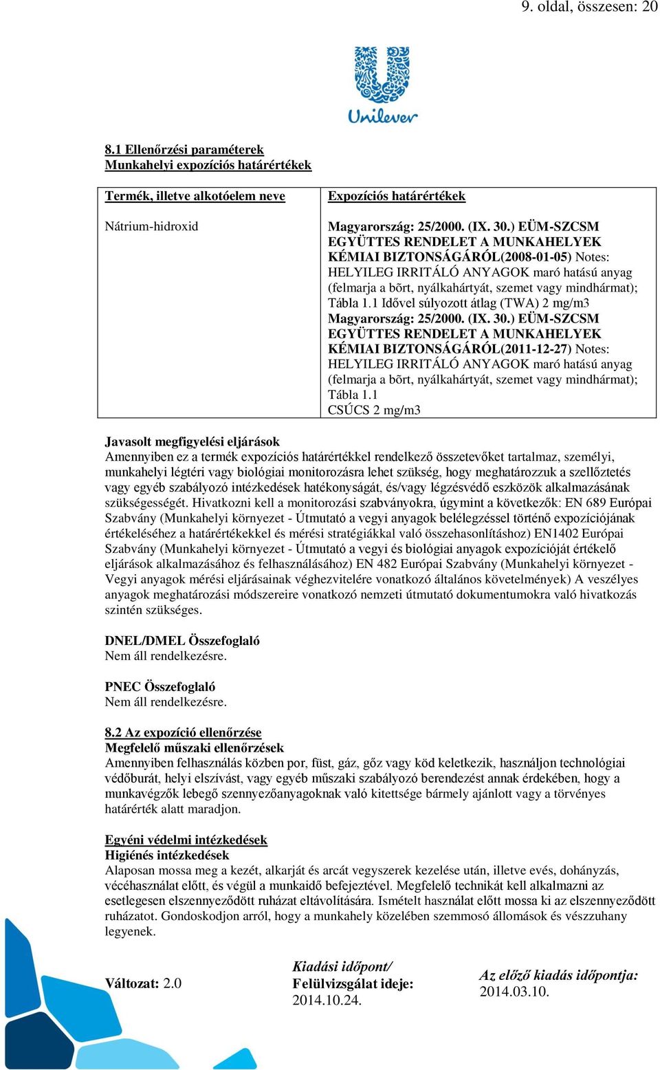 1 Idővel súlyozott átlag (TWA) 2 mg/m3 Magyarország: 25/2000. (IX. 30.