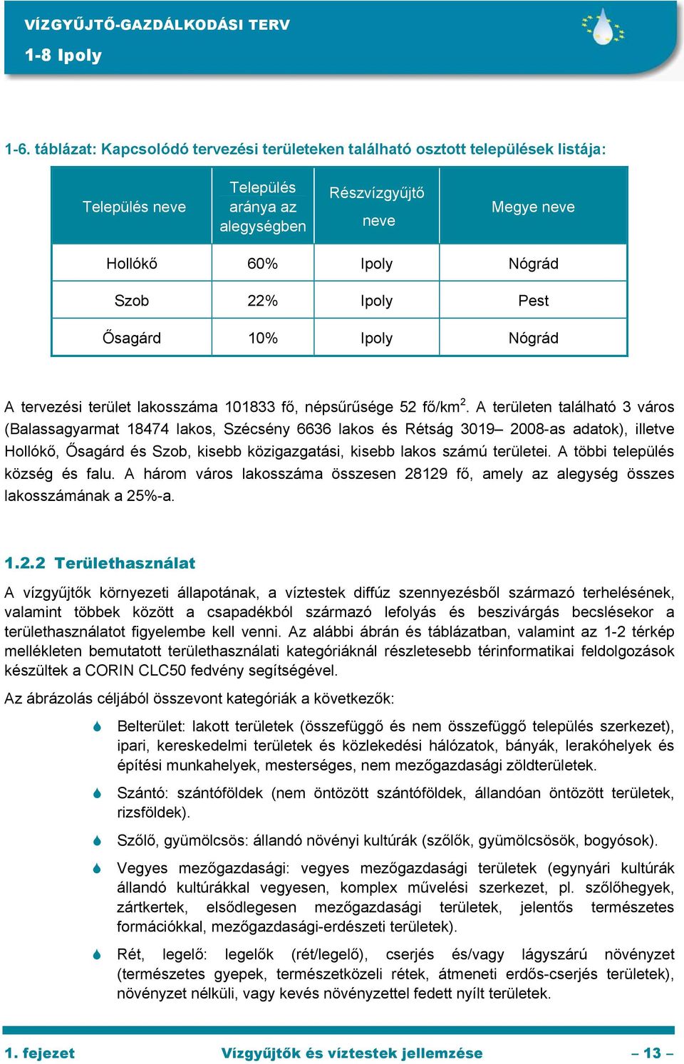 Pest Ősagárd 10% Ipoly Nógrád A tervezési terület lakosszáma 101833 fő, népsűrűsége 52 fő/km 2.