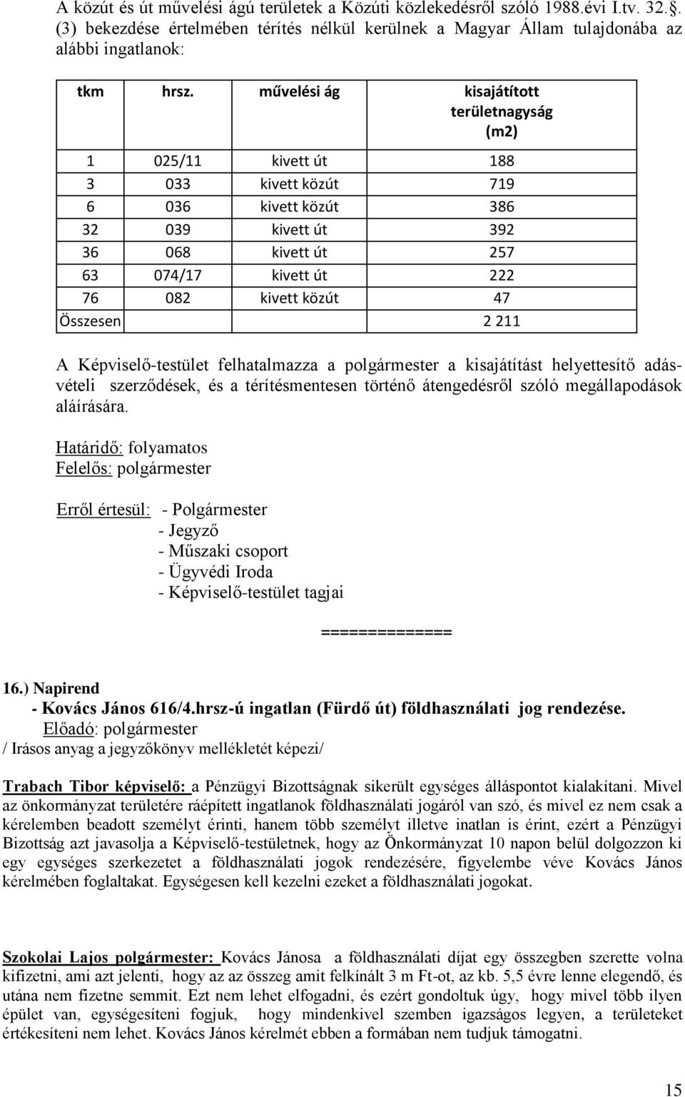 47 Összesen 2 211 A Képviselő-testület felhatalmazza a polgármester a kisajátítást helyettesítő adásvételi szerződések, és a térítésmentesen történő átengedésről szóló megállapodások aláírására.