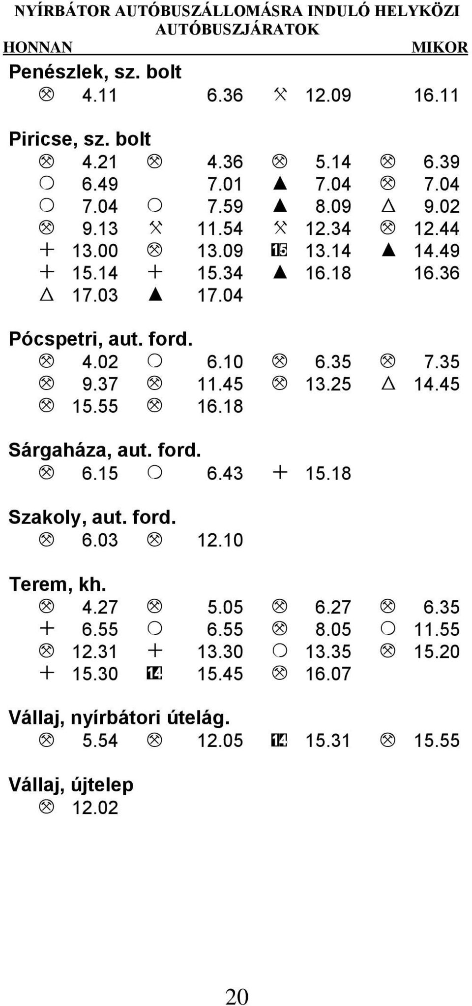 35 M 7.35 M 9.37 M 11.45 M 13.25 W 14.45 M 15.55 M 16.18 Sárgaháza, aut. ford. M 6.15 O 6.43 + 15.18 Szakoly, aut. ford. M 6.03 M 12.10 Terem, kh. M 4.27 M 5.05 M 6.27 M 6.