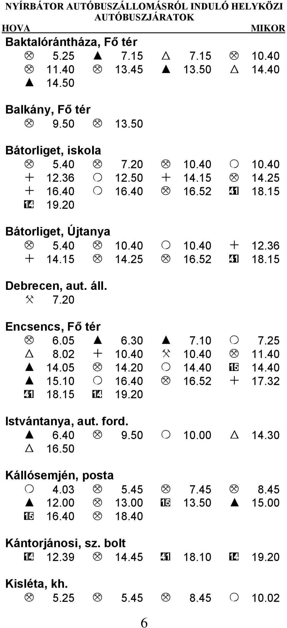 áll. X 7.20 Encsencs, Fő tér M 6.05 I 6.30 I 7.10 O 7.25 W 8.02 + 10.40 X 10.40 M 11.40 I 14.05 M 14.20 O 14.40 15 14.40 I 15.10 O 16.40 M 16.52 + 17.32 41 18.15 14 19.20 Istvántanya, aut. ford. I 6.40 M 9.