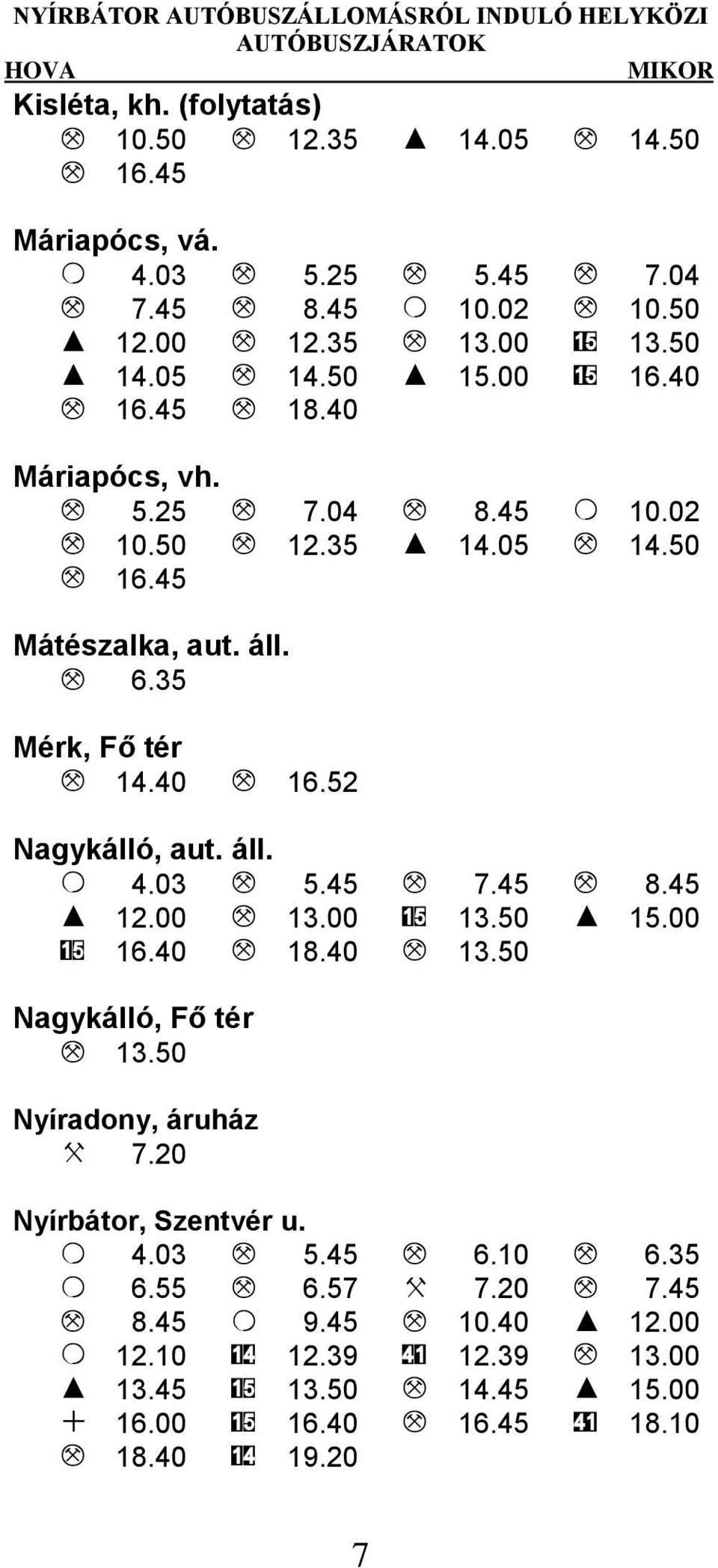 35 Mérk, Fő tér M 14.40 M 16.52 Nagykálló, aut. áll. O 4.03 M 5.45 M 7.45 M 8.45 I 12.00 M 13.00 15 13.50 I 15.00 15 16.40 M 18.40 M 13.50 Nagykálló, Fő tér M 13.50 Nyíradony, áruház X 7.