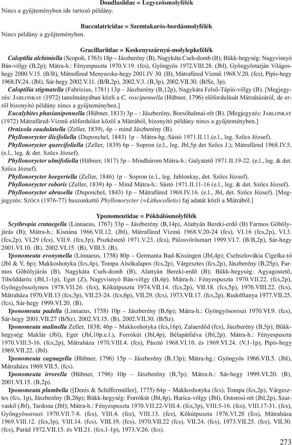 : Fényespuszta 1970.V.19. (fcs), Gyöngyös 1972.VIII.28. (Jbl), Gyöngyöstarján Világoshegy 2000.V.15. (B/B), Mátrafüred Menyecske-hegy 2001.IV 30. (B), Mátrafüred Vízmű 1968.V.20. (fcs), Pipis-hegy 1968.