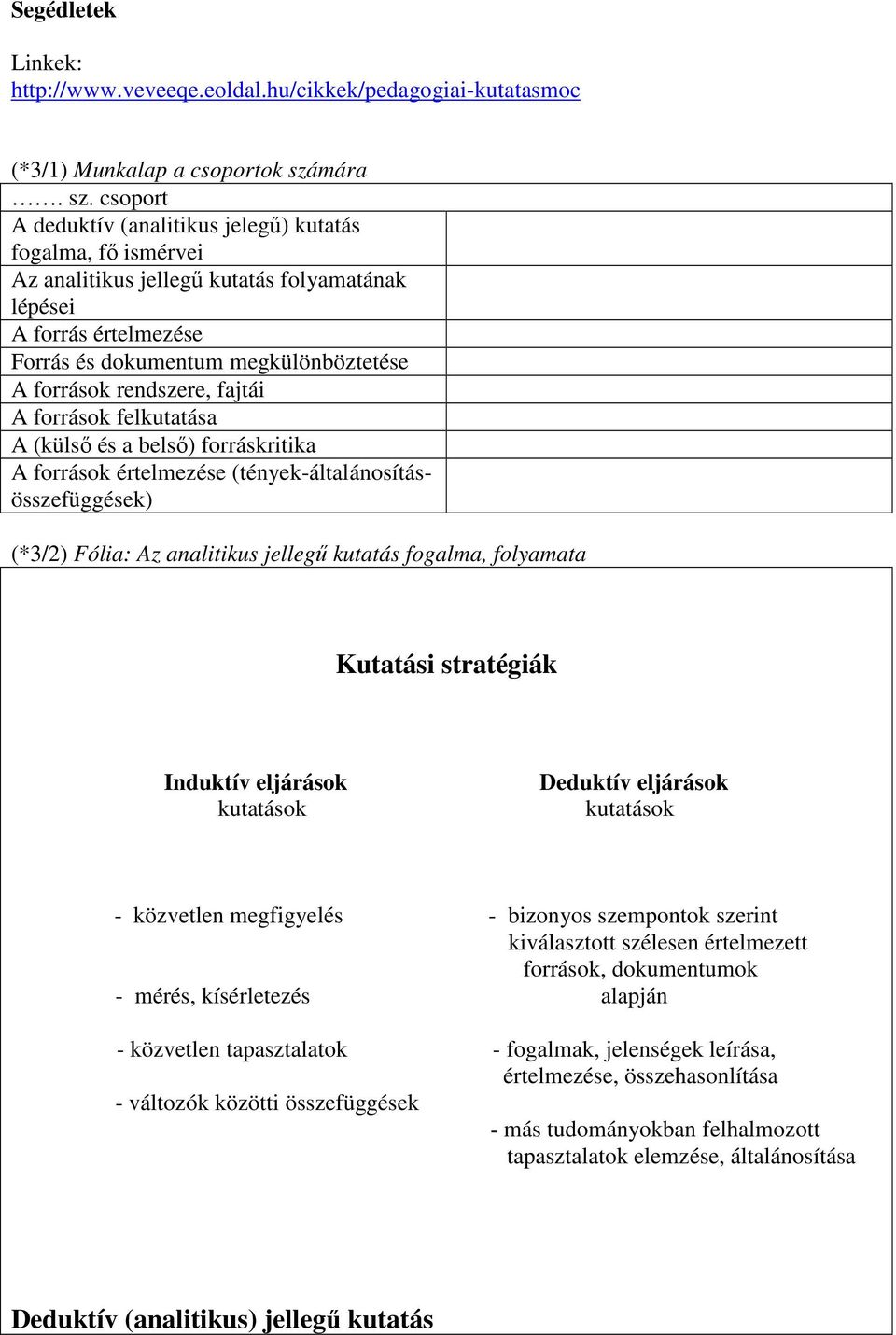 csoport A deduktív (analitikus jelegő) kutatás fogalma, fı ismérvei Az analitikus jellegő kutatás folyamatának lépései A forrás értelmezése Forrás és dokumentum megkülönböztetése A források