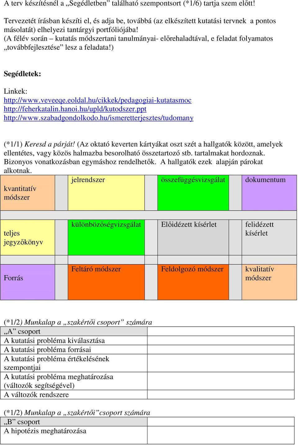 (A félév során kutatás módszertani tanulmányai- elırehaladtával, e feladat folyamatos továbbfejlesztése lesz a feladata!) Segédletek: Linkek: http://www.veveeqe.eoldal.