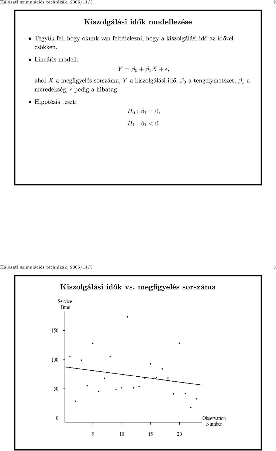 Lineáris modell: Y = β 0 + β 1 X + ɛ, ahol X a meggyelés sorszáma, Y a kiszolgálási id, β 0 a