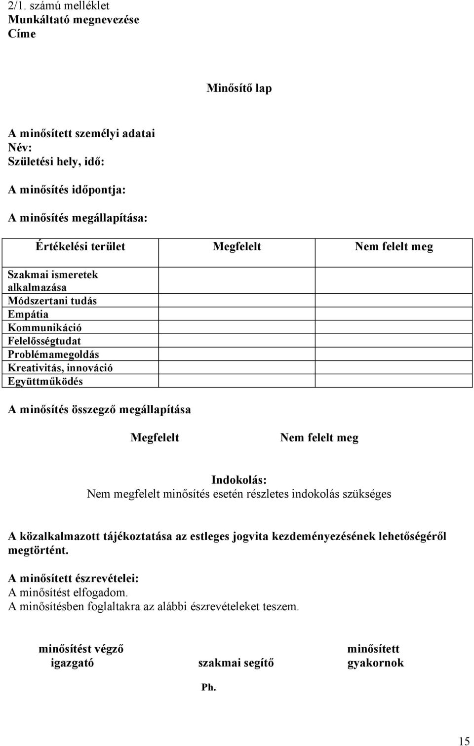 megállapítása Megfelelt Nem felelt meg Indokolás: Nem megfelelt minősítés esetén részletes indokolás szükséges A közalkalmazott tájékoztatása az estleges jogvita kezdeményezésének