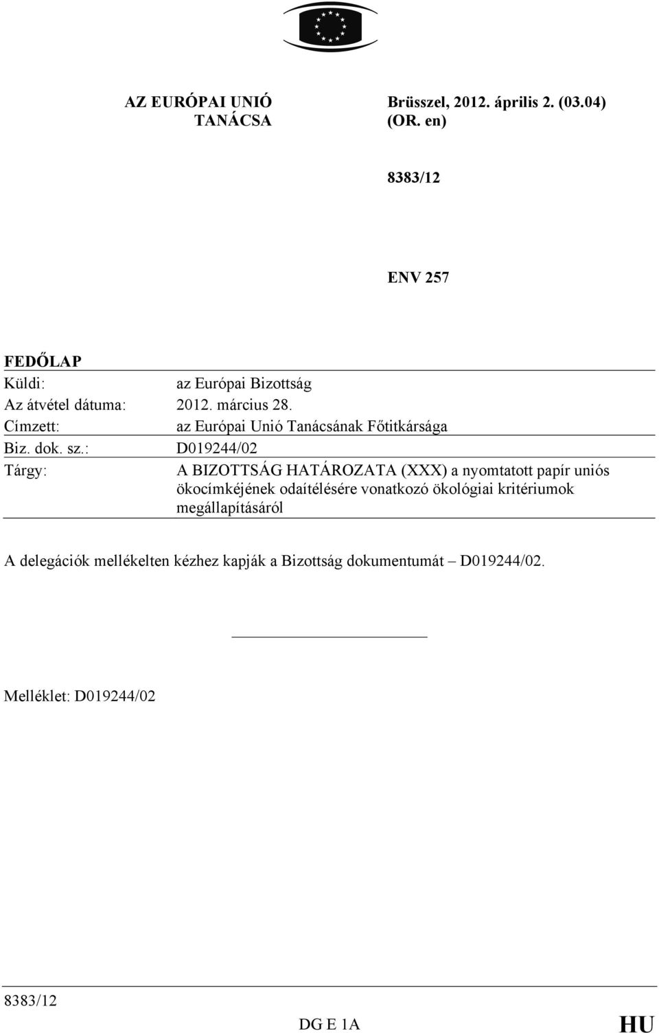 Címzett: az Európai Unió Tanácsának Főtitkársága Biz. dok. sz.