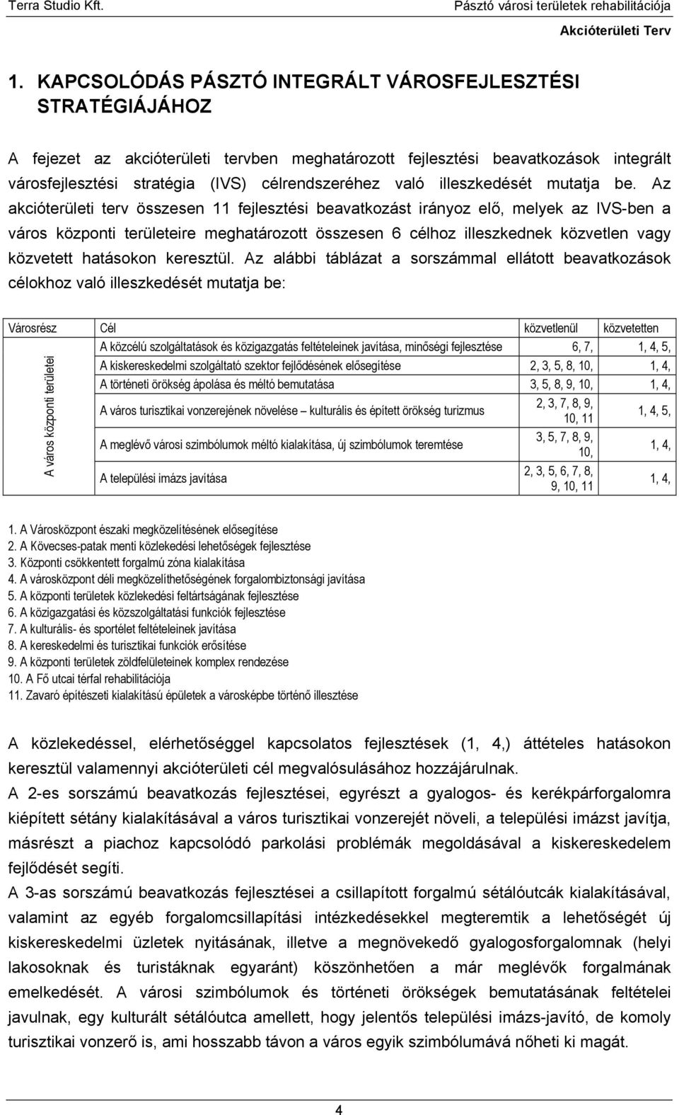 Az akcióterületi terv összesen 11 fejlesztési beavatkozást irányoz elő, melyek az IVS-ben a város központi területeire meghatározott összesen 6 célhoz illeszkednek közvetlen vagy közvetett hatásokon