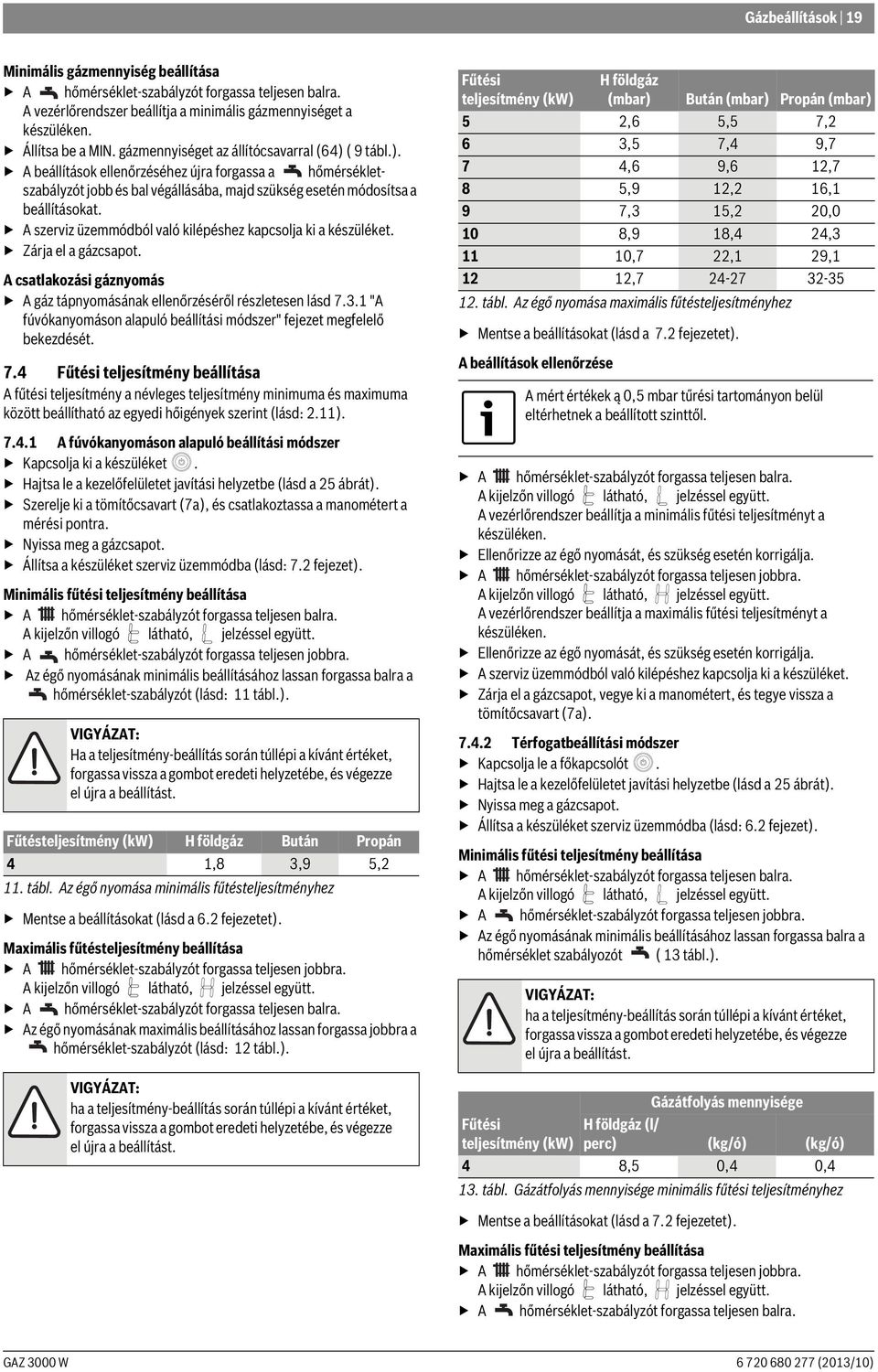 A szerviz üzemmódból való kilépéshez kapcsolja ki a készüléket. Zárja el a gázcsapot. A csatlakozási gáznyomás A gáz tápnyomásának ellenőrzéséről részletesen lásd 7.3.