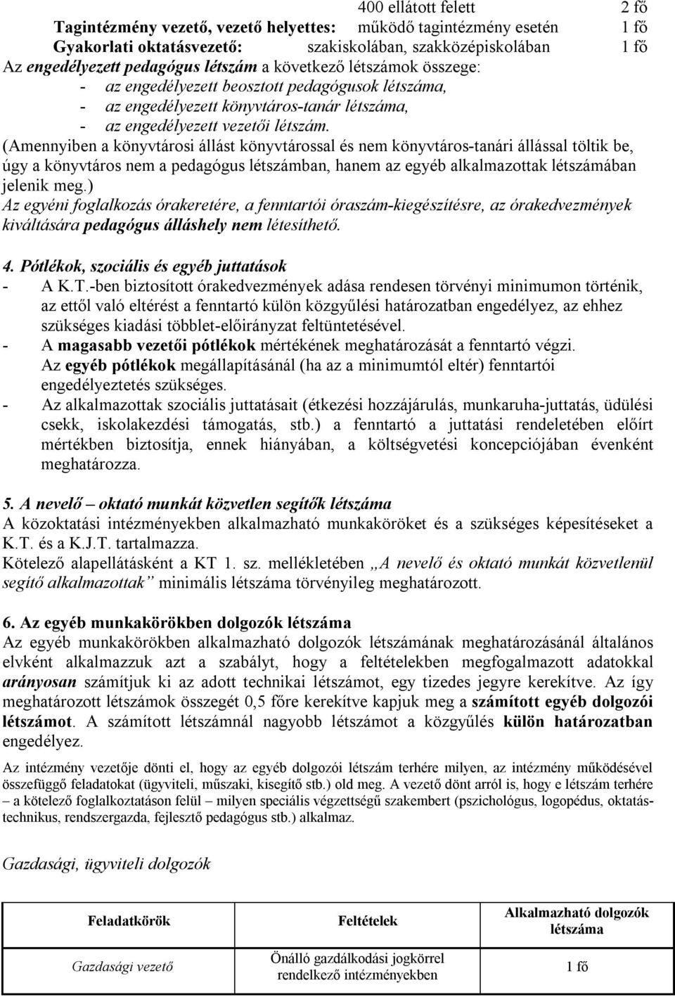 (Amennyiben a könyvtárosi állást könyvtárossal és nem könyvtáros-tanári állással töltik be, úgy a könyvtáros nem a pedagógus létszámban, hanem az egyéb alkalmazottak létszámában jelenik meg.