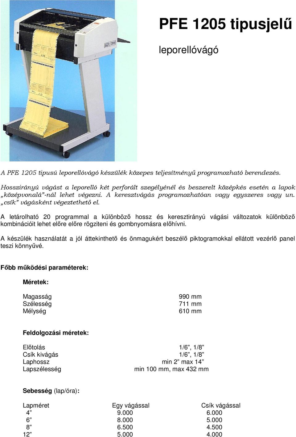 csík vágásként végeztethetı el. A letárolható 20 programmal a különbözı hossz és keresztirányú vágási változatok különbözı kombinációit lehet elıre elıre rögziteni és gombnyomásra elıhívni.