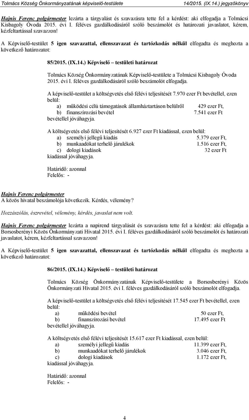 A Képviselő-testület 5 igen szavazattal, ellenszavazat és tartózkodás nélkül elfogadta és meghozta a következő határozatot: 85/2015. (IX.14.