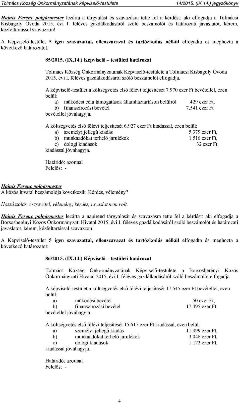 A Képviselő-testület 5 igen szavazattal, ellenszavazat és tartózkodás nélkül elfogadta és meghozta a következő határozatot: 85/2015. (IX.14.