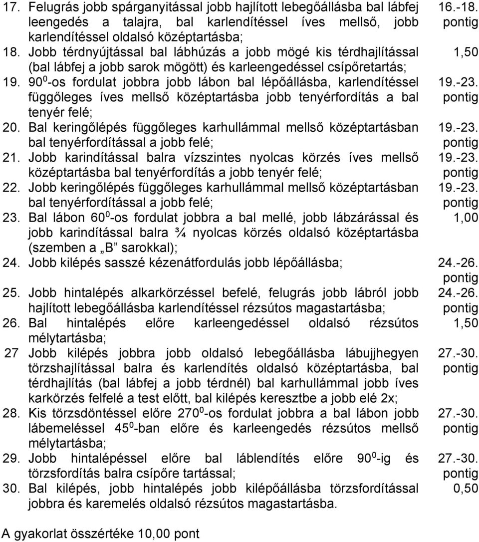 90 0 -os fordulat jobbra jobb lábon bal lépőállásba, karlendítéssel függőleges íves mellső középtartásba jobb tenyérfordítás a bal tenyér felé; 20.