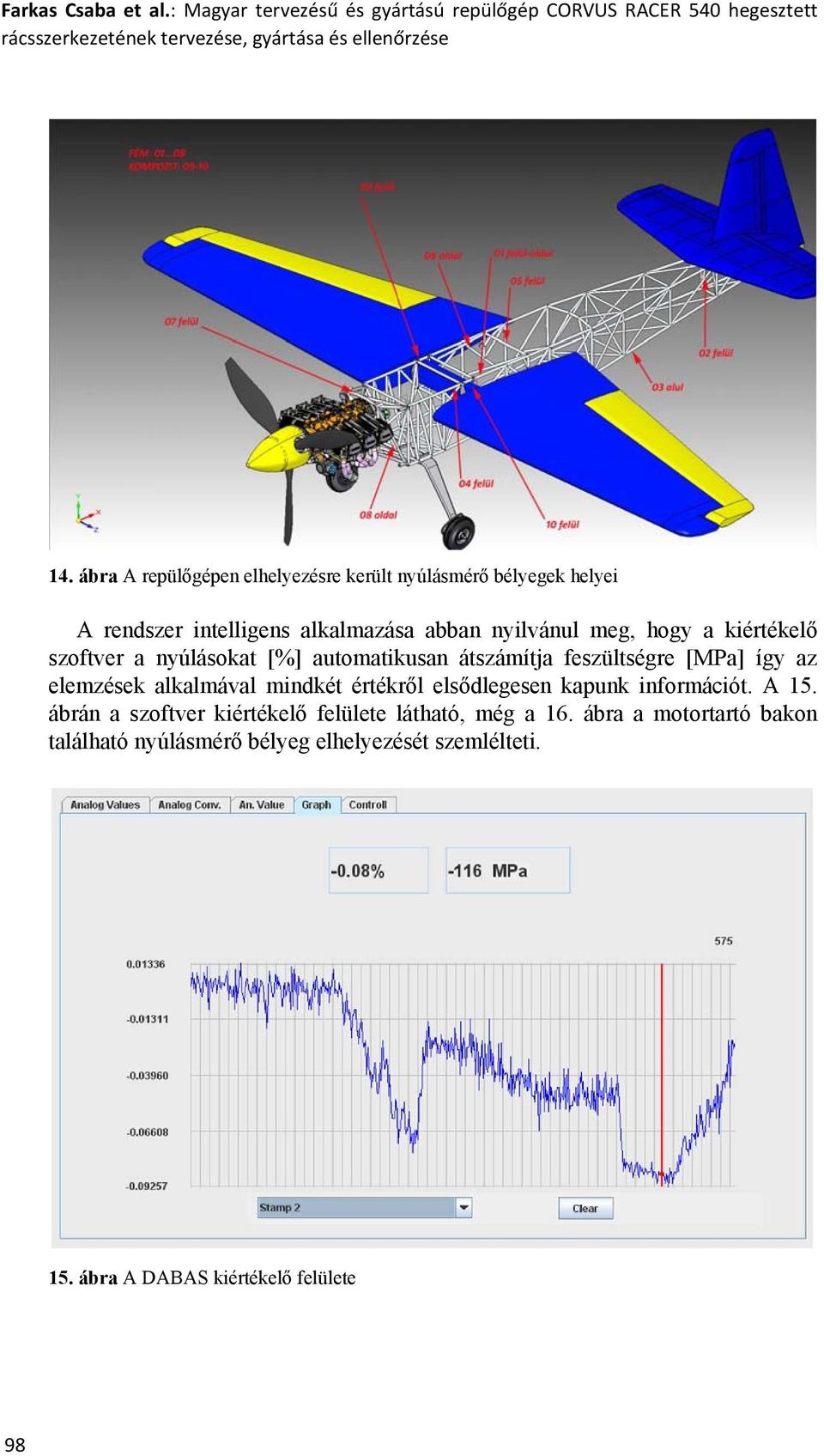 nyúlásokat [%] automatikusan átszámítja feszültségre [MPa] így az elemzések alkalmával mindkét értékről elsődlegesen kapunk információt. A 15.