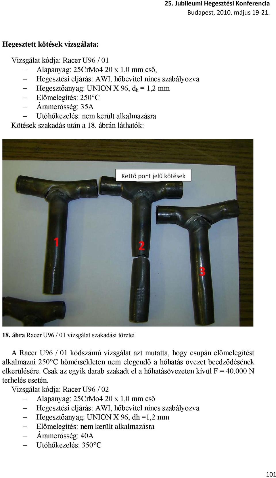 ábra Racer U96 / 01 vizsgálat szakadási töretei A Racer U96 / 01 kódszámú vizsgálat azt mutatta, hogy csupán előmelegítést alkalmazni 250 C hőmérsékleten nem elegendő a hőhatás övezet beedződésének