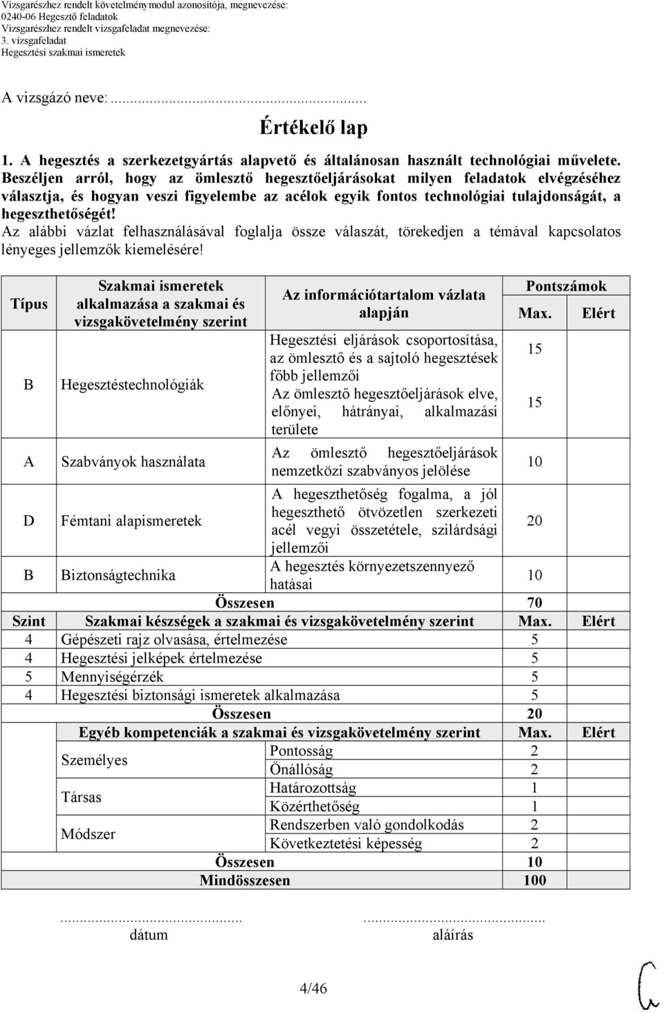 z alábbi vázlat felhasználásával foglalja össze válaszát, törekedjen a témával kapcsolatos Típus D Szakmai ismeretek alkalmazása a szakmai és vizsgakövetelmény szerint Hegesztéstechnológiák