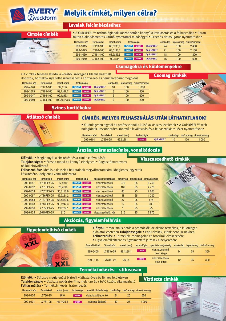 és tintasugaras nyomtatáshoz Rendelési kód Termékkód méret (mm) technológia lap/csomag címke/csomag 299-10 L79-100 63,5x33,9 24 100 2 400 299-1025 L7160-100 63,5x38,1 21 100 2 100 299-1030 L7161-100