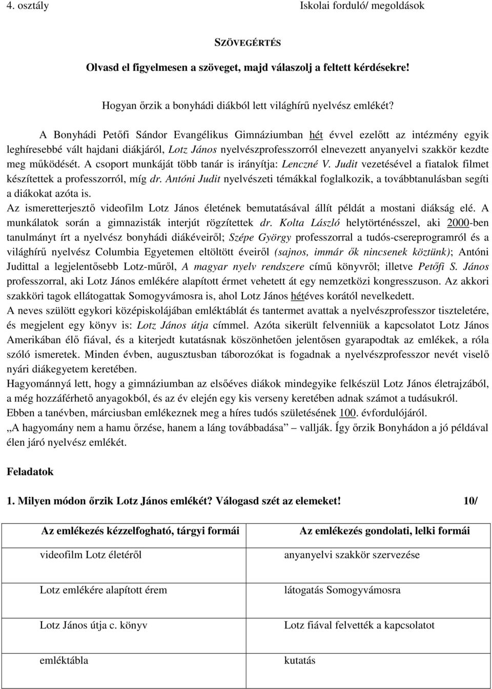 működését. A csoport munkáját több tanár is irányítja: Lenczné V. Judit vezetésével a fiatalok filmet készítettek a professzorról, míg dr.