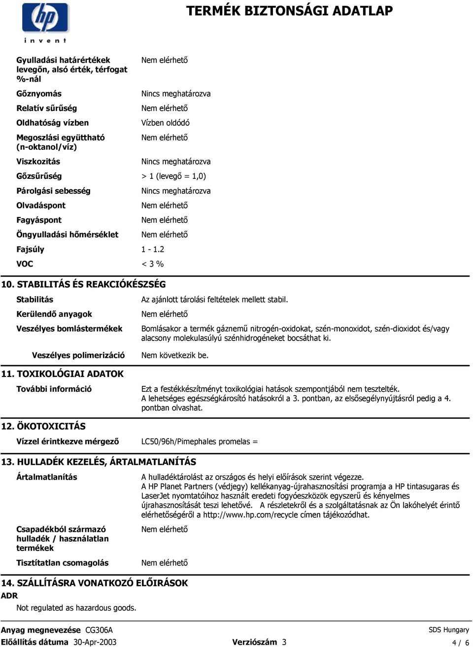 Az ajánlott tárolási feltételek mellett stabil Bomlásakor a termék gáznemő nitrogén-oxidokat, szén-monoxidot, szén-dioxidot és/vagy alacsony molekulasúlyú szénhidrogéneket bocsáthat ki Nem következik