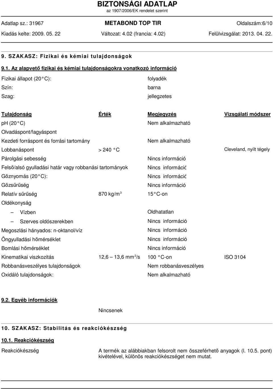 Az alapvető fizikai és kémiai tulajdonságokra vonatkozó információ Fizikai állapot (20 C): Szín: Szag: folyadék barna jellegzetes Tulajdonság Érték Megjegyzés Vizsgálati módszer ph (20 C)