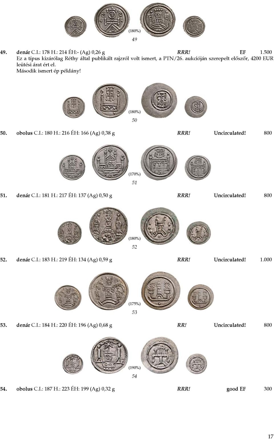 Uncirculated! 800 51 51. denár C.I.: 181 H.: 217 ÉH: 137 (Ag) 0,50 g RRR! Uncirculated! 800 (180%) 52 52. denár C.I.: 183 H.: 219 ÉH: 134 (Ag) 0,59 g RRR!
