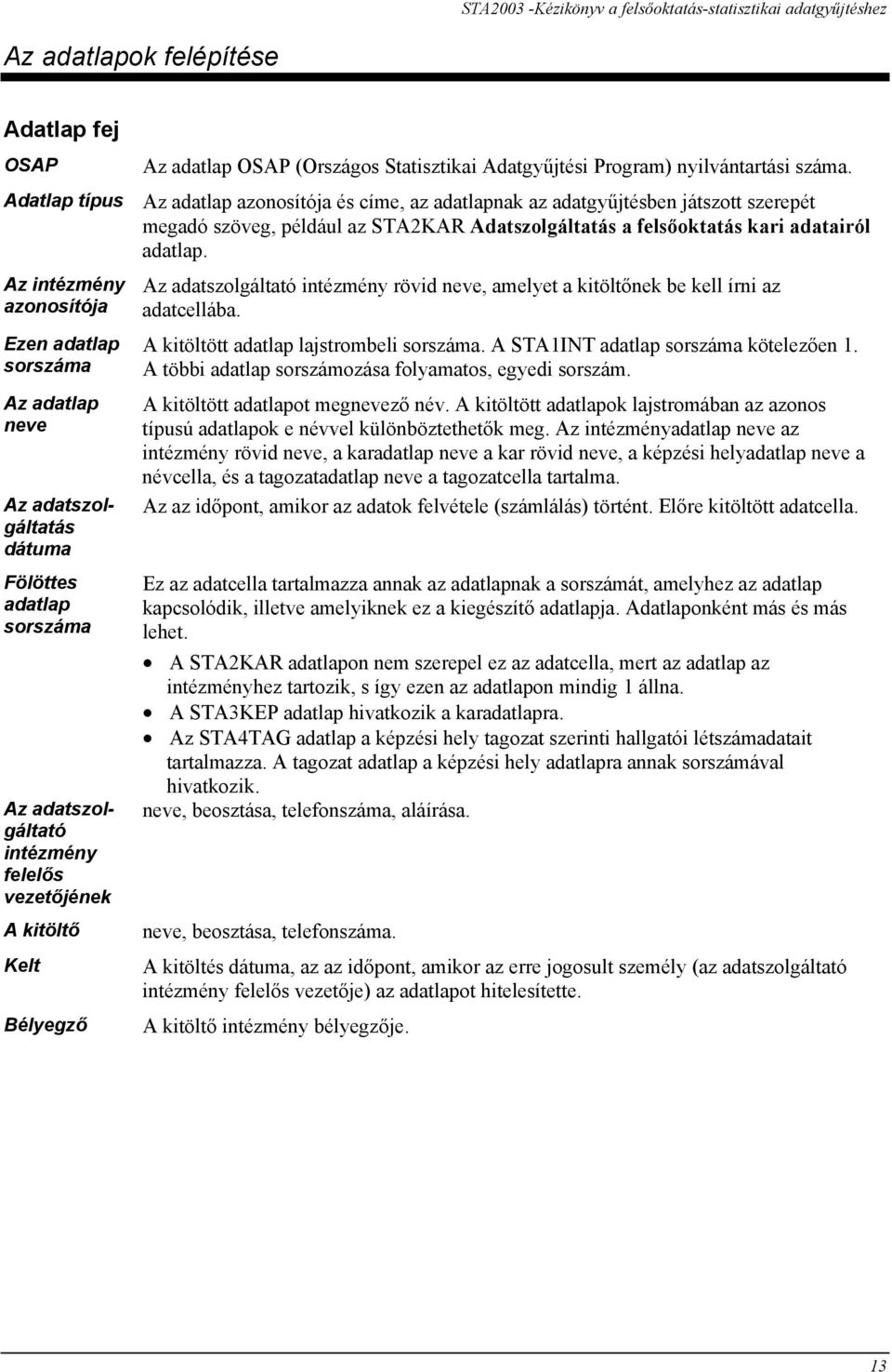 Az intézmény azonosítója Ezen adatlap sorszáma Az adatlap neve Az adatszolgáltatás dátuma Fölöttes adatlap sorszáma Az adatszolgáltató intézmény felelős vezetőjének A kitöltő Kelt Bélyegző Az