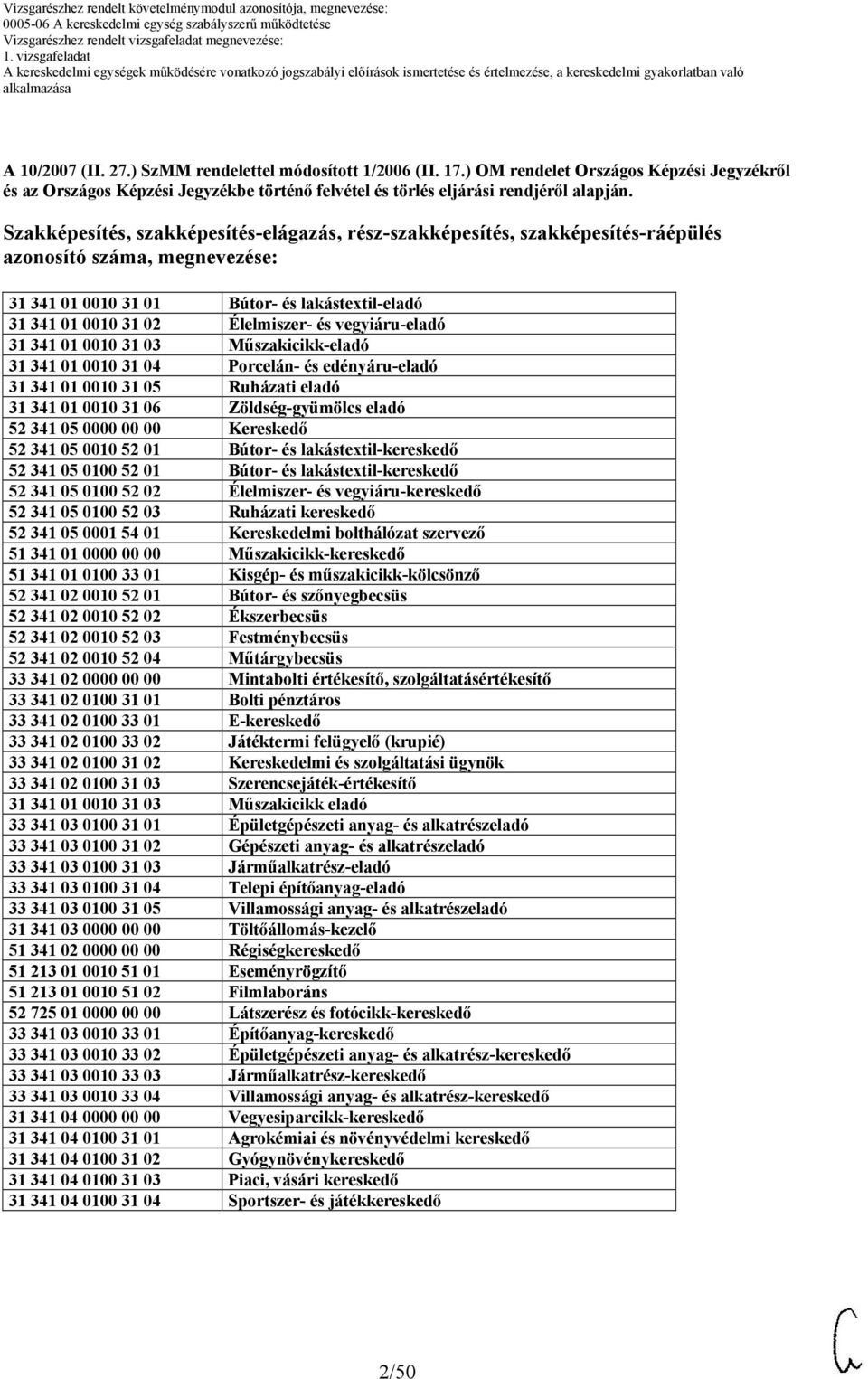 vegyiáru-eladó 31 341 01 00 31 03 Műszakicikk-eladó 31 341 01 00 31 04 Porcelán- és edényáru-eladó 31 341 01 00 31 05 Ruházati eladó 31 341 01 00 31 06 Zöldség-gyümölcs eladó 52 341 05 0000 00 00